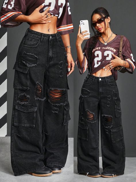 Women's Casual Loose Fit Multiple Pockets Distressed Wide Leg Jeans Black Casual   Denim Plain Straight Leg Non-Stretch  Women Clothing, size features are:Bust: ,Length: ,Sleeve Length: Baggy Jeans Outfit Ripped, Black Ripped Jeans Women, Glorilla Concert Fits, Urban Streetwear Women, Cute Fits Grunge, Harlem Pants Outfit, Skater Style Women, Cool Baggy Pants, Baggy Ripped Black Jeans