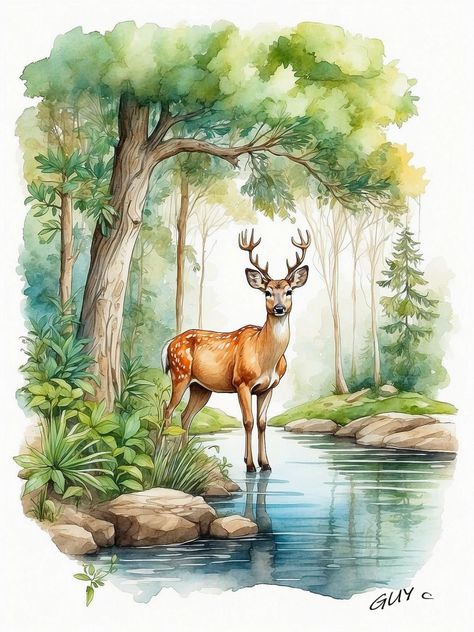 BY GUYMICK CORMIC Dear In Forest, Forest Painting With Animals, Watercolor Wildlife Paintings, Forest Drawing With Animals, Forest Animals Drawing, Dear Painting, Dear Drawing, Animal Composition, Wildlife Watercolor