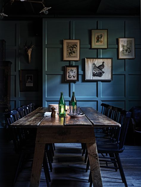 Dark Blue Dining Room, Kristina Crestin, Knight Photography, Dark Dining Room, Farmhouse Fixer, Jonathan Knight, Dining Room Blue, Farmhouse Side Table, Black Dining Chairs