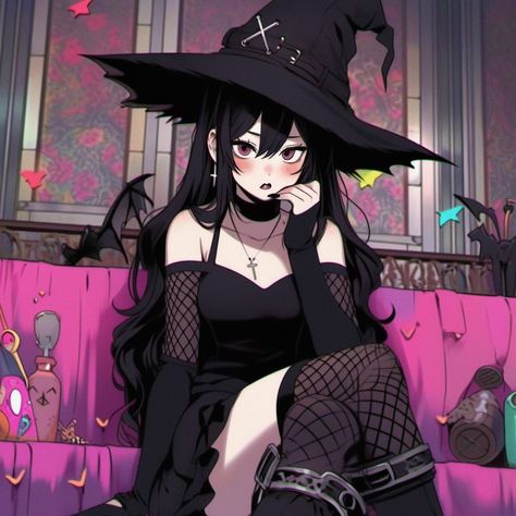 Anime girl, anime girl icon, Aesthetic icon, Aesthetic girl icon, 8k, 4k, high quality icon, gothic girl icon, 90s anime, retro anime Witch Anime Art, Halloween Anime Art, Cute Anime Witch, Halloween Anime Pfp, Goth Girl Art, Witch Girl Art, Anime Witches, Witch Anime, Cool Pfps For Discord