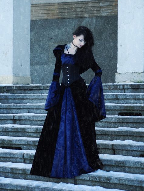 Navy Blue and Black Velvet Gothic Hooded Medieval Gown  #medievaldress #gothicmedievaldress #gothicvampiredress #gothciwitchdress #medievalhalloweencostume Blue Gothic Outfit, Blue Goth Outfits, Black Medieval Gown, Blue Fantasy Dress, Goth Gown, Goth Styles, Blue Velvet Gown, Navy Blue Long Dress, Medieval Wedding Dress