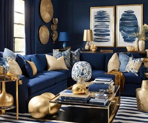 Navy Blue Gray And Gold Living Room Ideas, Gray And Gold Living Room, Blue And Gold Home Decor, Navy Blue Decor Living Room, Blue Boho Living Room, Gold Living Room Ideas, Blue Family Rooms, Blue Furniture Living Room, Earthy Terracotta