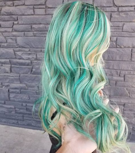 Teal Hair Highlights Blonde, Blonde Teal Hair, Blonde And Teal Hair, Teal Hair Color Ideas, 12 Braids, Hair Color Ideas Trending, Teal Hair Color, Teal Highlights, Emerald Hair