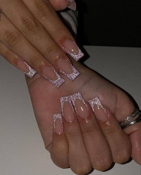 French Tip Sparkle Acrylic Nails, Glitter Square French Tip Nails, Simple Acrylic Nails Glitter, Bridal Nails Medium Length, White Glitter Tips Acrylic Nails, Short French Tip Glitter Nails, Sparkly Acrylic Nails Square, Coffin Sparkle French Tip Nails, Gliterry French Tip Acrylic Nails