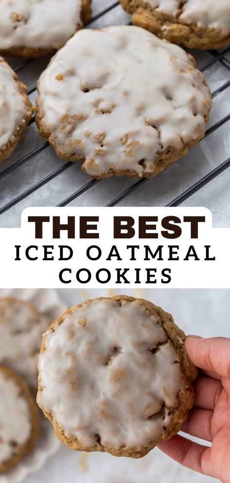 These Crumbl iced oatmeal cookies are inspired by the popular American cookie company. They are made with a thick and chewy oatmeal cookie topped with a smooth and crunchy vanilla sugar glaze. It is absolutely perfect! Oat Cookies Healthy, Chewy Oatmeal Cookie, Banana Oat Cookies, Iced Oatmeal Cookies, Cookies Healthy, Oatmeal Cookies Chewy, Sugar Glaze, Oatmeal Cookie, Cookie Company