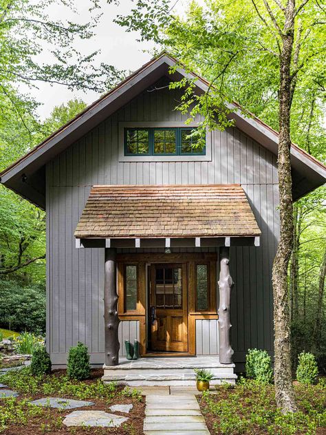 Woods Cottage Aesthetic, Cottage With Guest House, Small Cottages In The Woods, Building A Guest House, Rustic Guest House Small Cabins, Small Gable House, Mountain Guest House, Lake Guest House, Small House In The Country