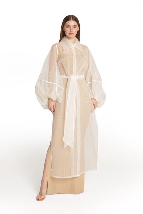 Dramatic Sleeves Dress, Organza Abaya, Dress With Outer, Organza Outfit, White Organza Dress, Balloon Sleeves Dress, Outer Organza, Outer Outfit, Day Dresses Casual