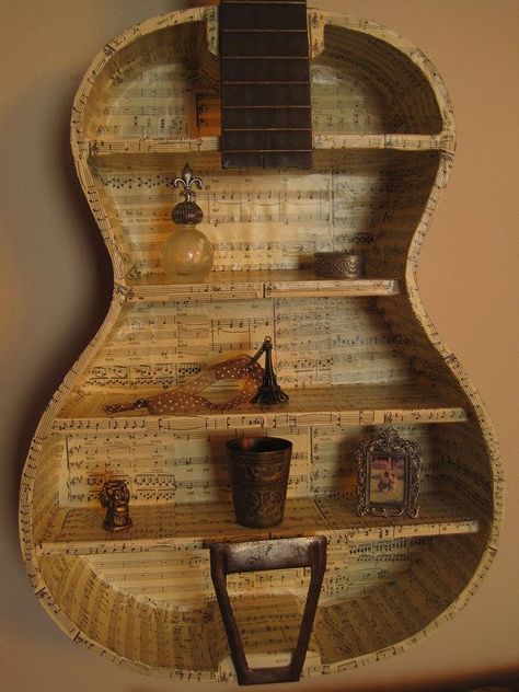 A neat way to re-purpose an old guitar.  ( Inspiration only ) Guitar Shelf, Music Furniture, Guitar Crafts, Guitar Room, Music Room Decor, Studio Wall, Music Crafts, Music Decor, Guitar Design