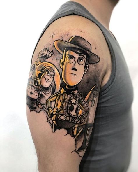 Toy Story’s Woody and Buzz In Black and White Disney Tattoos For Men, Disney Tattoo Ideas, Toy Story Tattoo, Tattoos Masculinas, Disney Tattoos Small, Disney Sleeve Tattoos, Disney Sleeve, Mouse Tattoos, Lion Head Tattoos