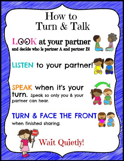 Getting your students to Turn and Talk is a great way to have all students engaged in conversation at the same time. Classroom Respect, Kagen Strategies, Academic Conversations, Partner Talk, Kindergarten Anchor Charts, Turn And Talk, Teaching Classroom Management, Responsive Classroom, Classroom Procedures