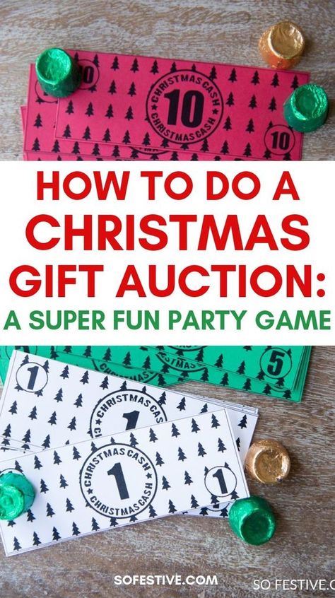 Holiday Gift Games Family Christmas, Auction Party Ideas, Gift Games For Kids, Betting Games Party, Christmas Socks Exchange Ideas, Christmas Crafting Party Ideas, Teenager Christmas Party Games, Scrooge Your Neighbor Game, Auction Christmas Game