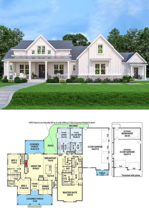 This is a large 2 story modern farmhouse house plan with in-law suite and New american country style shiplap exterior. It includes 6 bedrooms, 7.5 bathrooms, and beautiful contemporary home interiors and decor. View the full floor plan and blueprint layout of this amazing 2484 sq ft luxury modern home at: https://www.homestratosphere.com/6-bedroom-two-story-modern-farmhouse-with-in-law-suite-floor-plan/ #HousePlan #ModernHome #Farmhouse Home With Mother In Law Suite, 4 Bedroom House Plans With In Law Suite, Multigenerational House Plans Two Story, Mother In Law House Plans, Multigenerational House Plans In Laws 2 Story, Mother In Law Suite Addition Floor Plans, Floor Plans With In Law Suite, Barndominium With Inlaw Suite, Multigenerational House Plans In Laws One Story