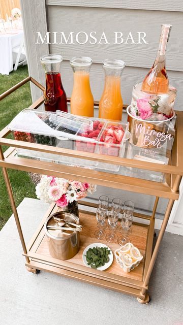 Mimosa Bar Cart, Bridal Shower Champagne Bar, Flower Bridal Shower Theme, Mimosa Brunch, Bridal Shower Inspo, Gold Bar Cart, Bridal Shower Planning, Champagne Bar, Bridal Shower Inspiration