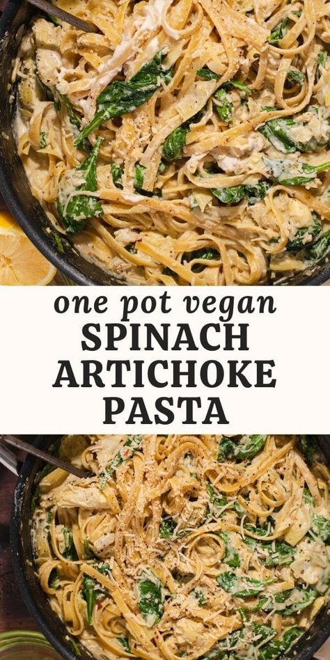 This creamy vegan spinach artichoke pasta is perfect for weeknight dinners because it's made in one pot in less than 30 minutes! It's uses cashew cream and lemon zest to make a rich and zesty dairy-free cream sauce. Vegan Spinach Pasta Recipes, Vegetarian Pesto Pasta, Vegetarian Pasta Recipes Easy, Vegan Groceries, Starch Diet, Pasta One Pot, Spinach Artichoke Pasta, Spinach Pasta Recipes, Creamy Vegan Pasta