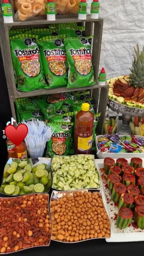 Mexican Dessert Table, Mexican Snack Foods, Fiesta Party Food, Party Snack Table, Mexican Birthday Parties, Mexican Snacks, Quince Decorations, Fiesta Birthday Party, Mexican Candy