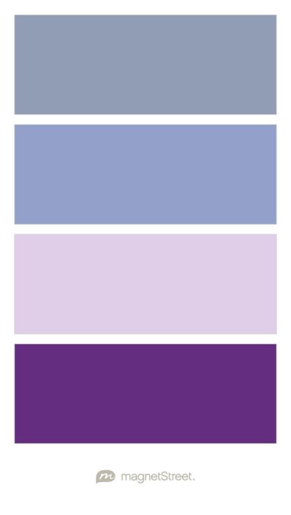 Shale, Periwinkle, Lavender, and Plum Wedding Color Palette -custom color palette created at MagnetStreet.com Nursery Color Palette, Lilac Wedding, Classic Gray, Grey Color Palette, Grey Color Scheme, Décor Boho, Nursery Colors, Blue Colour Palette, Wedding Color Palette