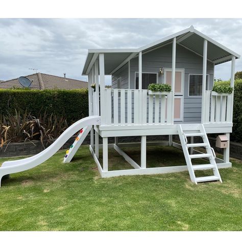 Raised Cubby House, Cubby House With Slide, Cubby House Colours, House On Stilts Ideas, Cubby Ideas, Kids Cubby, Kids Cubby Houses, Kids Cubbies, Room Wishlist