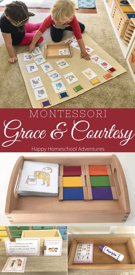 Inspiration for Grace and Courtesy themed lessons in Montessori homeschool or classroom environments. Incorporates subject areas such as Sensorial, Language, Math, etc. and other Practical Life ideas. #montessori #homeschool #graceandcourtesy #montessoriprintable Montessori For Elementary School, Math Montessori Activities, Seasons Montessori, Grace And Courtesy, Montessori Lesson Plans, August Ideas, Homeschooling Classroom, Montessori Shelves, Montessori Activities Preschool