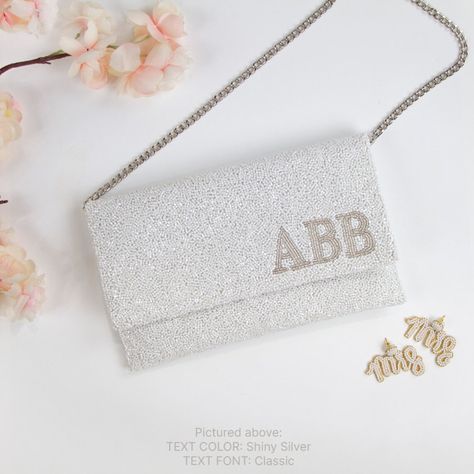 Personalized Bride Clutch Purse with personalized name. Bridal Gifts For Bride, Bridesmaid Purses, Bride Clutch, Wedding Clutch Bag, Bridal Clutch Purse, Wedding Clutch Purse, Bridal Clutch Bag, Color Shading, Beaded Clutch Purse