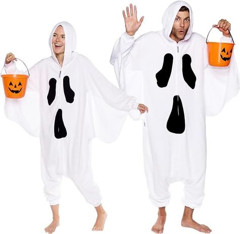 100% Polyester Hand Wash Only FULL OF FUN DETAILS - These adorable and eye - catching costume onesies feature a hood with adorable ghost face on the body for full effect. Match with a pair of slippers (not included) for your next pajama party! Halloween Onesie Costumes, Ghost Costume Men, Adult Ghost Costume, Halloween Costume Onesie, Spirit Halloween Costumes, Spooky One, Swimsuit Cosplay, Ghost Halloween Costume, Cow Costume