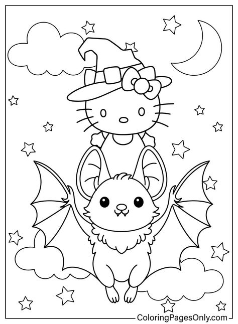 Halloween Draw, Hello Kitty Coloring Pages, Kitty Coloring Pages, Diy Coloring Books, Cute Halloween Coloring Pages, Free Halloween Coloring Pages, Halloween Coloring Sheets, Hello Kitty Colouring Pages, Cartoon Coloring