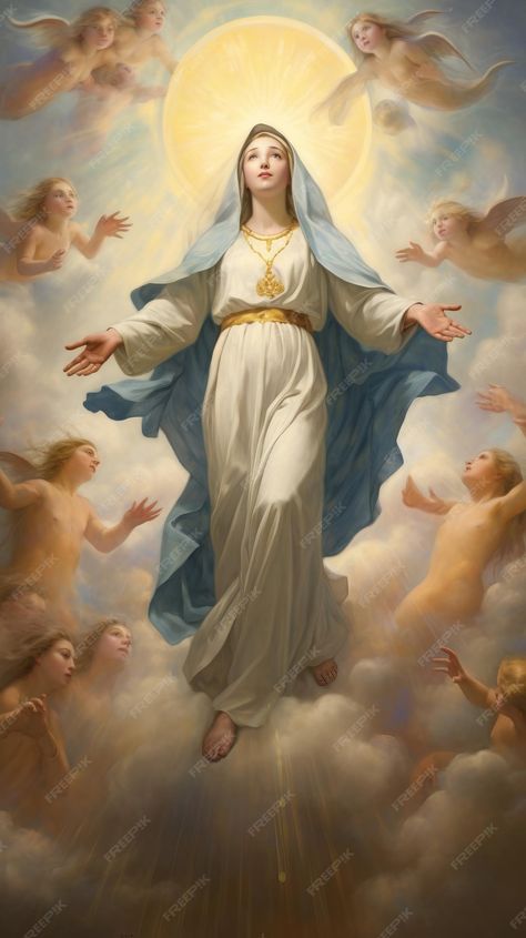 Premium Photo | The Assumption of Mother Mary in a Heavenly Image Solemnity Of The Assumption Of The Blessed Virgin Mary, Assumption Of The Blessed Virgin Mary, Mother Mary Aesthetic, Virgin Mary Picture, Virgin Mary Painting, Angels Painting, Roman Catholic Art, Mary Mother Of Jesus, Mary Celeste