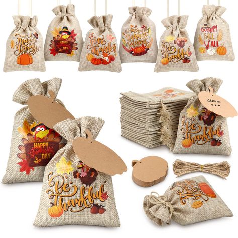 PRICES MAY VARY. Sufficient Thanks Giving Party Supplies: you will receive 36 pieces Thanksgiving treat bags in 6 different styles and 50 pieces pumpkin shaped cards, the quantity is adequate for you to use at Thanksgiving Day or fall harvest party; You can also use these pumpkin cards to match with other bags, which can make the bags more beautiful Reliable Material: made of linen material, this Thanksgiving burlap bag with drawstring is sturdy and long lasting, not easy to break or fade, has e Thanksgiving Guest Gifts, Thanksgiving Goodie Bag, Thanksgiving Table Favors, Open House Gift, Thanksgiving Gift Basket, Fall Party Favors, Small Drawstring Pouch, Potpourri Gift, Thanksgiving Party Favors