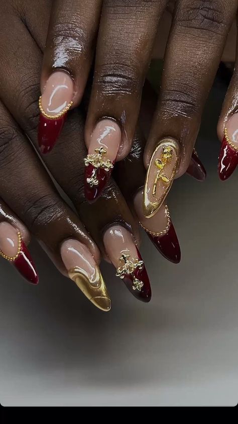 Gold Maximalist Nails, Red French Tip Nail Designs, Red French Tip, Tip Nail Designs, Prom Nails Red, Red And Gold Nails, How To Have Style, Gold Acrylic Nails, Dark Red Nails