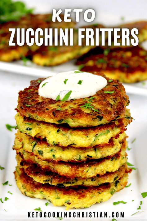 Keto Zucchini Fritters with a homemade dipping sauce are a super tasty and low carb way to put all that delicious summer zucchini to use. They're perfect to serve at brunch, as an appetizer or side dish! #ketoappetizer #ketozucchini #ketosidedish Keto Low Carb Zucchini Fritters, Keto Zucchini Fritters Recipes, No Carb Zucchini Recipes, Keto Corn Fritters, Courgette Keto Recipes, Keto Recipes Using Zucchini, Keto Courgette Recipes, Keto Zucchini Bites, Keto Stuffed Zucchini Recipes