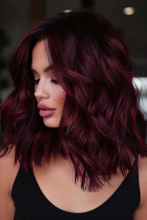 43 Burgundy Hair Ideas That Will Make You Want to Book a Salon Appointment Highlights In Burgundy Hair, Maroon Burgundy Hair, Deep Red Burgundy Hair Color, Red Hair With Dark Underneath, Dark Purple Maroon Hair, Fall Plum Hair, Dark Brown With Maroon Highlights, Mulberry Hair Color Burgundy, Vibrant Burgundy Hair