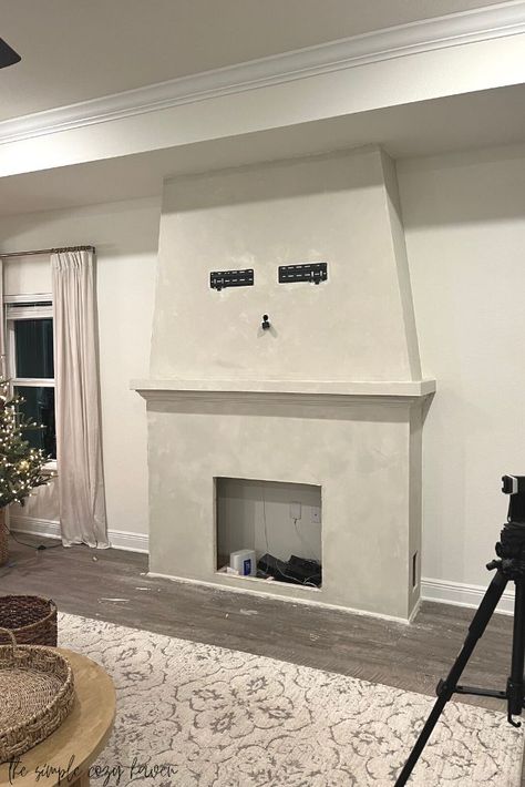 How To Add A Fireplace To Your Home, Stucco Electric Fireplace, Roman Clay Fireplace Wall, Roman Clay Electric Fireplace, Roman Clay Over Tile Fireplace, Lime Paint Fireplace, Portola Roman Clay Fireplace, Diy Venetian Plaster Fireplace, Roman Clay Over Brick Fireplace