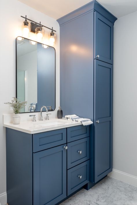 Blue bathroom vanity, timeless fixtures Basement Interior Design, Matte Black Fixtures, Salmon Design, Blue Bathroom Vanity, Basement Reno, Blue Vanity, Basement Renovation, Basement Makeover, Basement Renovations