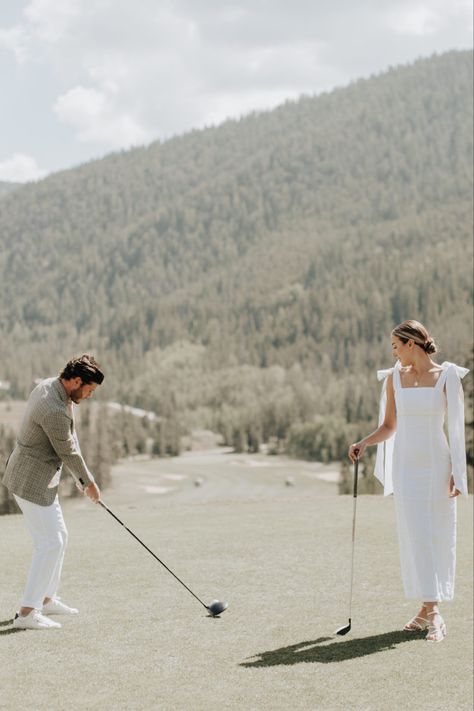 Golf Wedding Pictures, Engagement Photos On Golf Course, Golf Course Elopement, Golf Cart Engagement Photos, Golf Course Proposal, Golfing Engagement Photos, Golf Themed Engagement Photos, Golf Course Engagement Photoshoot, Golf Engagement Session