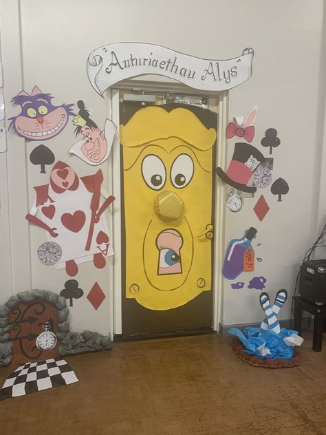 Door From Alice In Wonderland, Disney School Door Decorations, Diy Alice And Wonderland Decorations, Alice In Wonderland Door Decorations Classroom, Disney Teacher Door Decorations, Fairytale Classroom Door, Fairy Tale Door Decorations Classroom, Book Character Door Decorations, Alice In Wonderland School Decorations