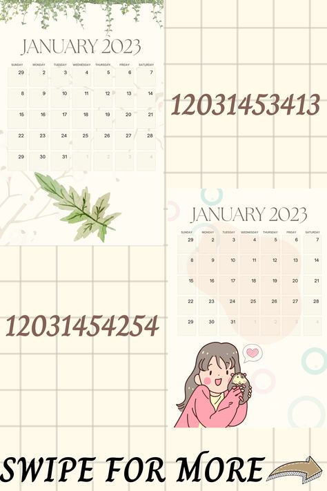 HAPPY NEW YEAR! thank you so much for supporting me throughout the past few months!^__^ to start the year with my very first post for 2023, 2023 CALENDAR DECALS! I suggest using the poster painting (: suits calendars really well! #bloxburg #bloxburgdecals #decals #roblox #robloxdecals #bloxburgcalendar #bloxburgcalendars #bloxburg2023 Bloxburg Picture Codes Calendar 2023, Suit Codes For Bloxburg, Bloxburg Calendar Decals 2023, Decals Roblox Id, Bloxburg Calendar Decals, Painting Codes For Bloxburg, Wallpaper Codes For Bloxburg, Poster Decals Bloxburg, Bloxburg Aesthetic Decal Codes