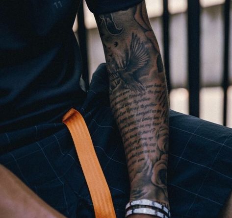 Men Tattoo Ideas Inner Bicep, Sleeve To Chest Tattoo Men, Dark Skin Tattoo Men Forearm, Best Bicep Tattoos Men, Wrist Sleeve Tattoo Men, Scripture Arm Tattoo, Forearm Sleeve Tattoo For Men Ideas, Tattoo Transition Ideas, Bible Verse Sleeve Tattoo