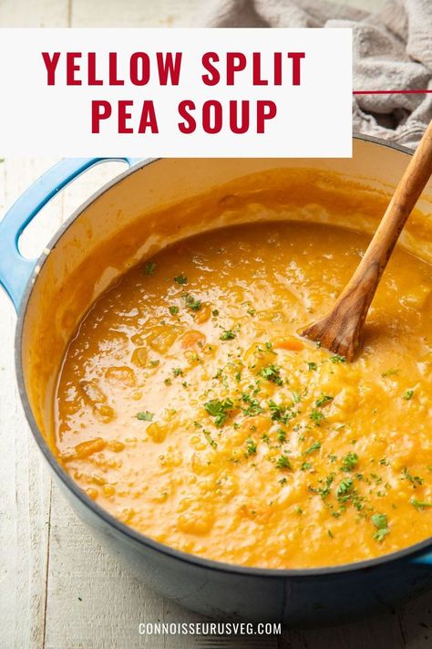 This yellow split pea soup soup is hearty, satisfying, and loaded with flavor. It's also super easy to make in one pot. Pair it up with some crusty bread for a comforting meal that everyone will love. It's vegan and gluten-free too! Vegan Yellow Split Pea Soup, Split Pea Soup No Ham, Yellow Split Pea Recipes Vegan, Split Yellow Pea Soup, Yellow Split Pea Soup Crockpot, Yellow Split Pea Soup Recipes, Yellow Peas Recipe, Spiritual Eating, Yellow Split Pea Recipes