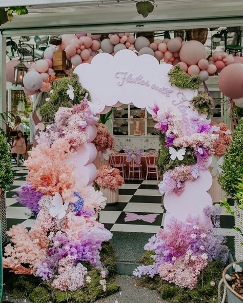 Private Party | Flutter with Florence — LENZO Backdrop Balloons, Styling Flowers, Work Planning, Enchanted Forest Birthday, Butterfly Theme Party, Forest Birthday, Gorgeous Birthday, Fairy Garden Party, Wedding Backdrop Decorations