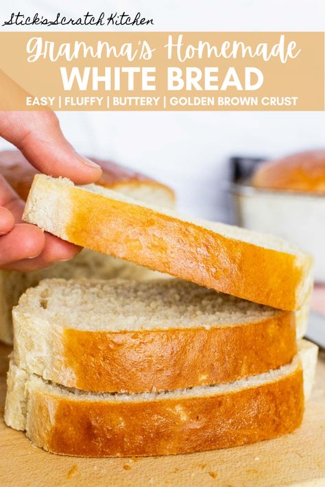 Gramma’s homemade white bread is hands down the BEST white bread recipe on planet earth (no bias here). It’s fluffy, moist, and golden brown with an irresistible buttery crust. This bread is the perfect accompaniment for homemade soup or stew, is great for making sandwiches, and makes the best crispy toast. #homemadebread #whitebread #bread  #breadrecipe #whitebreadrecipe #breads Loaf White Bread Recipes, Homemade Fluffy Sandwich Bread, White Bread Recipe Homemade Without Mixer, Easy Bread With Bread Flour, Grandmas Homemade Bread, Best Homemade White Bread, Farmhouse White Bread Recipe, White Bread Recipe Homemade One Loaf, Homemade Bread Sandwich