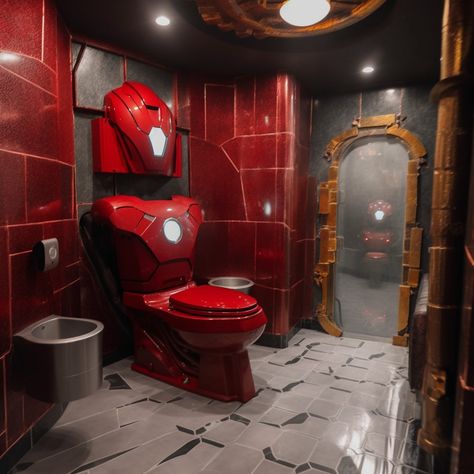 Marvel Man Cave, Iron Man Room Ideas, Iron Man Gaming Setup, Iron Man House Interior, Spider Man Bathroom, Marvel Bathroom Decor, Iron Man Room Decor, Iron Man Room, Man Room Design