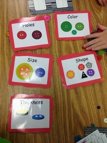 Students will sort and classify objects according to their attributes and organize data about the objects. Sorting In Kindergarten, Sorting Buttons, Math Stations Kindergarten, Math Sort, Math Station, Controlled Chaos, Math Patterns, Prek Math, Kindergarten Centers