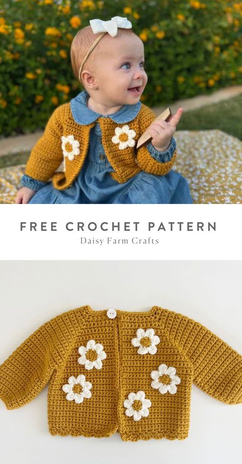 Crochet Sweaters For Babies, Crochet Daisy Sweater Pattern, Daisy Farm Crafts Crochet Baby Sweater, Knitting For Baby Girl, Baby Girl Crochet Gifts, Free Baby Cardigan Crochet Pattern, Crochet Ideas For Baby Girl, Baby Sweaters Crochet Free Pattern, Baby Crochet Clothes Patterns Free