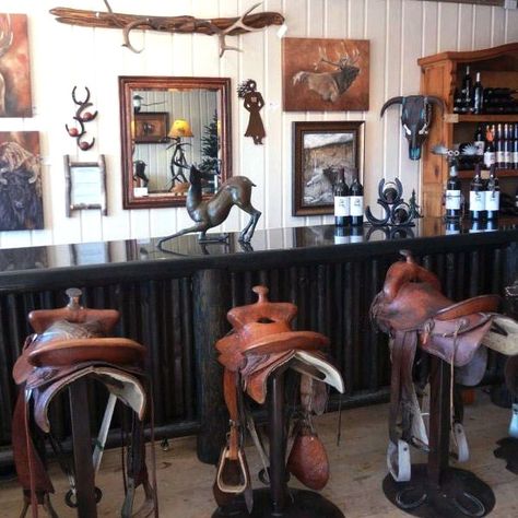 DIY Nation: 20 ways to spend a little more time in the saddle | HORSE NATION Saddle Bar Stools Diy, Diy Bar Stools, Saddle Bar Stools, Country Bar, Western Bedroom Decor, Saddle Horse, Bar Stool Seats, Poker Casino, Woodland Park