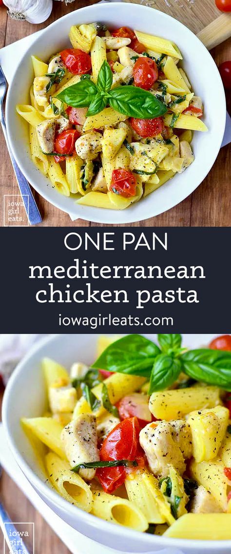 One Pan Mediterranean Chicken Pasta is an easy, 30-minute meal, gluten free meal that's fresh and full of Mediterranean-inspired flavor! iowagirleats.com keywords: pasta recipes, gluten free pasta recipes, gluten free pasta dishes, chicken recipes, chicken breast recipes, easy chicken recipes Mediterranean Diet Pasta Dishes, Mediterranean Pasta With Chicken, Meditterean Pasta Recipes, Mediterranean Diet Chicken Recipes Easy, Greek Chicken Pasta Recipes, Low Sodium Chicken Pasta Recipes, Mediterranean Baked Pasta, Mediterranean Chicken Pasta Recipes, Easy Mediterranean Pasta Recipes