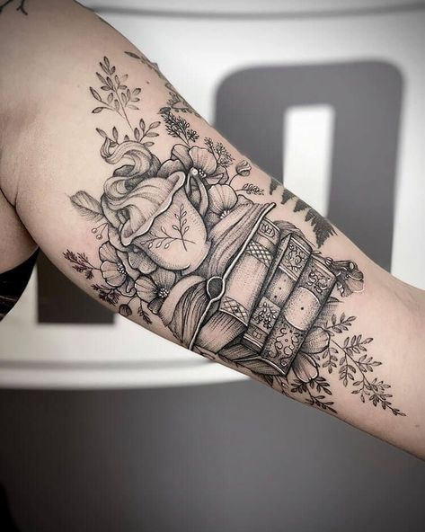 Woman Tattoo Sleeve Black And White, Holly Black Tattoo Ideas, Teacup Book Tattoo, Coffee And Book Tattoo Ideas, Book Tattoo On Thigh, Book Tattoo With Quote, Flying Books Tattoo, Unique Book Tattoo Ideas, Book Skull Tattoo