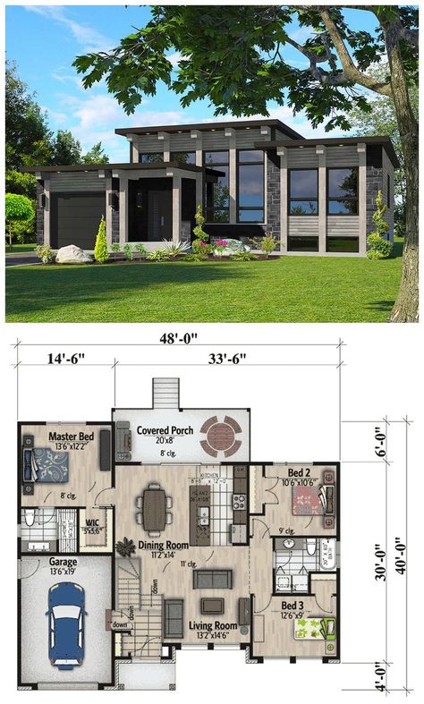 Attractive Modern House Plan Dramatic transom windows and a flat roof add a Contemporary edge to this one floor house plan. The sunken foyer is just three steps away from the big, open living area with views that swing from the livcing room to the dining room and kitchen. Sliding glass doors lead out to a large covered porch that has plenty of room for table and chairs. In a space-saving measure, the washer/dryer closet is part of the secondary hall bathroom. House Design One Floor Modern, Space Saving House Plans, Space Saving House Design, Modern 1 Floor House, Modern House Design 1 Floor, Modern House One Floor, One Story Modern House Design, Modern Concrete House Plans, One Floor House Design Modern