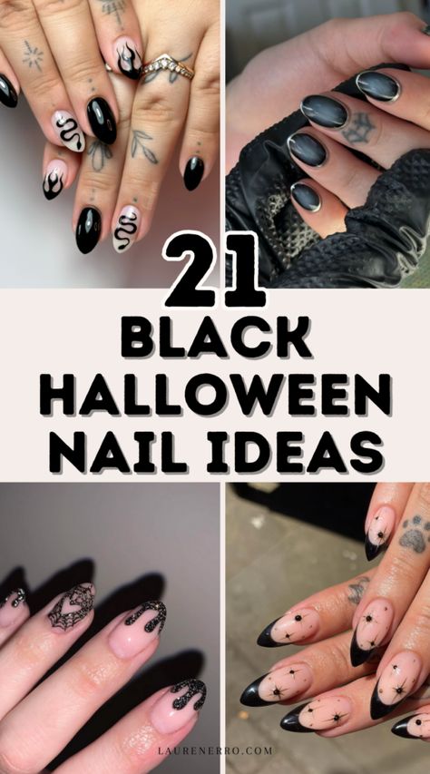 21 Black Halloween Nail Ideas - Lauren Erro Black French Manicure Halloween, Early Halloween Nails, Black Nails Easy, Easy Black Halloween Nails, Black Nail Designs Fall, October Black Nails, Black Tip Halloween Nails, Halloween Classy Nails, Nola Nails