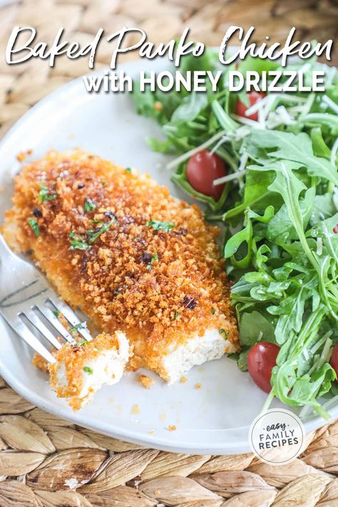 Husband's FAVORITE dinner! This easy chicken breast dinner is on repeat. This Panko Crusted Chicken with Honey Drizzle is baked to crispy perfection, just a hint smokey, a hint sweet and unbelievably easy to make with only a few ingredients! You if you need an easy chicken recipe for dinner, this is it! Easy Chicken Breast Dinner, Baked Panko Chicken, Panko Recipes, Easy Baked Chicken Breast Recipes, Chicken Recipe For Dinner, Chicken Breast Dinner, Chicken With Honey, Drizzle Recipe, Panko Crusted Chicken