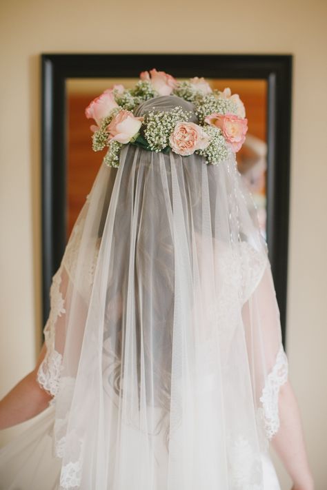 Large flower crown on top of veil. Bride wearing floral crown over lace-trimmed veil.  #bridalstyle #bridalbeauty #floralcrown #weddingveil Flower Crown Wedding Veil, Crown With Veil, Veil Crown, Flower Crown Veil, Crown Veil, Bridal Hair Down, Bridal Makeup Wedding, Makeup Hairstyles, Romantic Garden Wedding