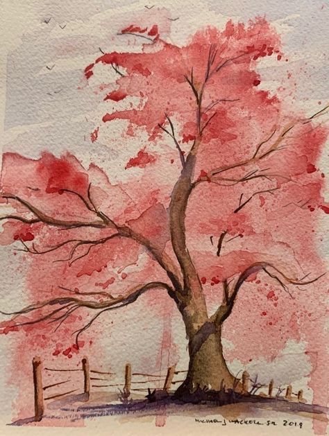 Sakura Tree Painting, Trees Watercolor Painting, Fireplace Painting, Anime Watercolor, Shrunken Heads, Cherry Blossom Watercolor, Hilarious Dogs, Tree Watercolor Painting, Maori People